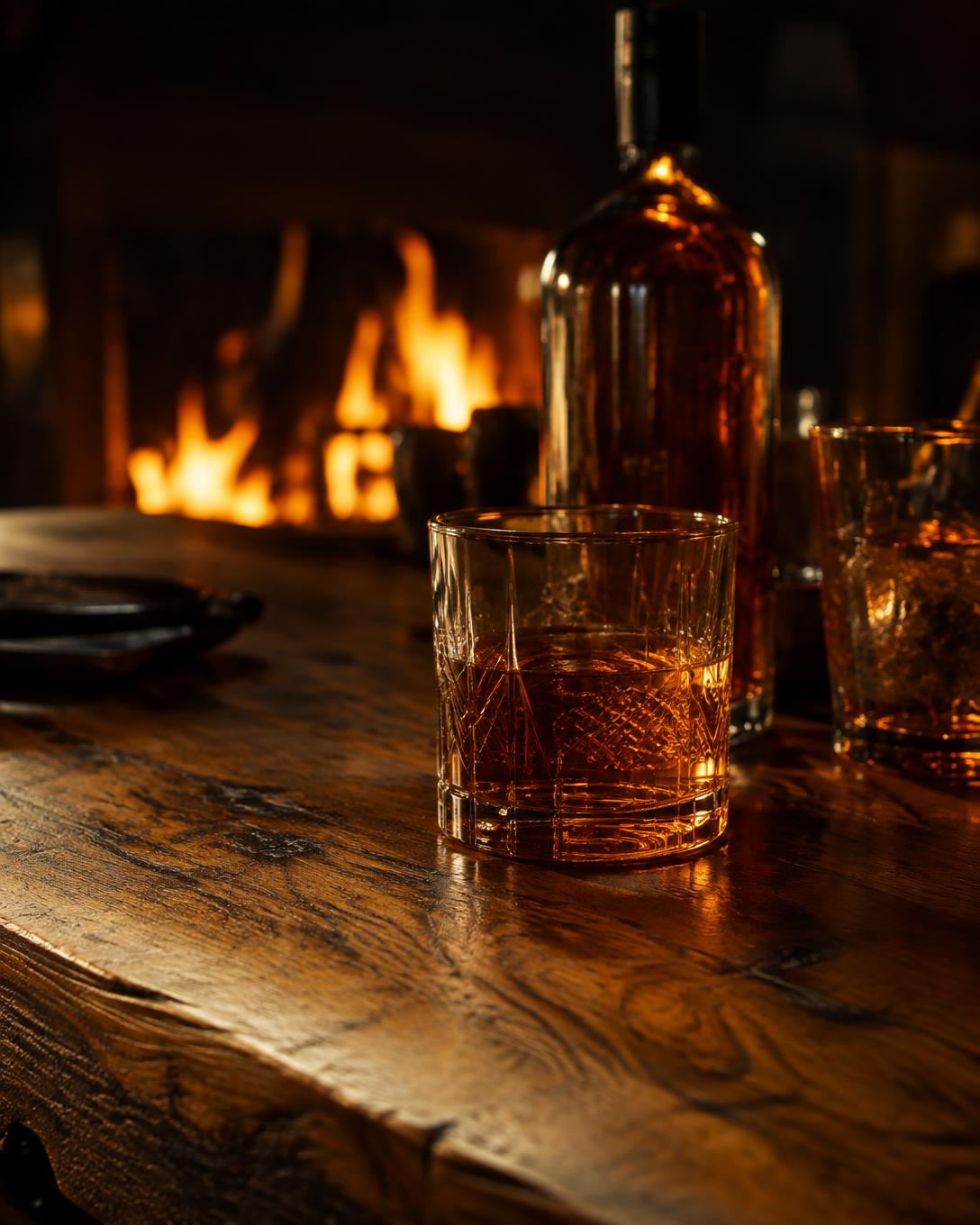 Weathered oak bar top with amber glassware